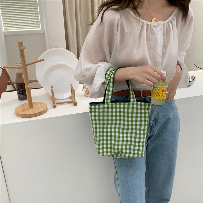 17163 Fresh Double-sided checkered Bag, dual-purpose Canvas Bag, Handbag, female student Mommy Hand-held Bento Bag wholesale details Picture