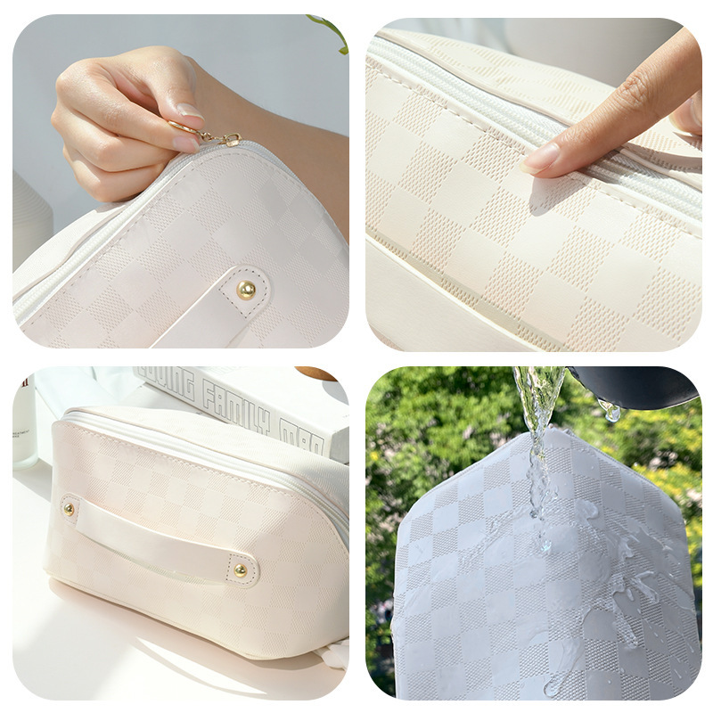 This is a simple checkered handbag made of PU leather for women. It is portable and has a high-end feel. It is waterproof and has a large capacity for travel, toiletry and storage Specification drawing