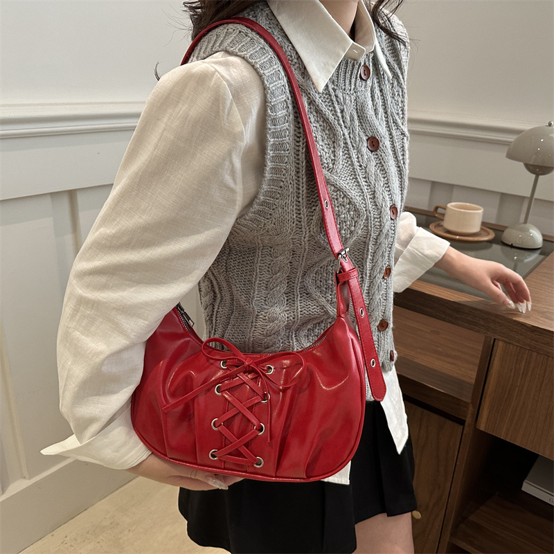 Spring 2025 new PU tie bow bag, elegant single-shoulder bag, women's dumpling bag, sweet and cool crossbody bag Specification drawing