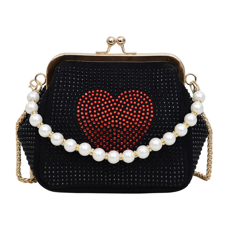 Cross-border 2025 New diamond-encrusted heart design chain single-shoulder crossbody bag, fashionable women's bag, pearl handbag, stylish Item Picture