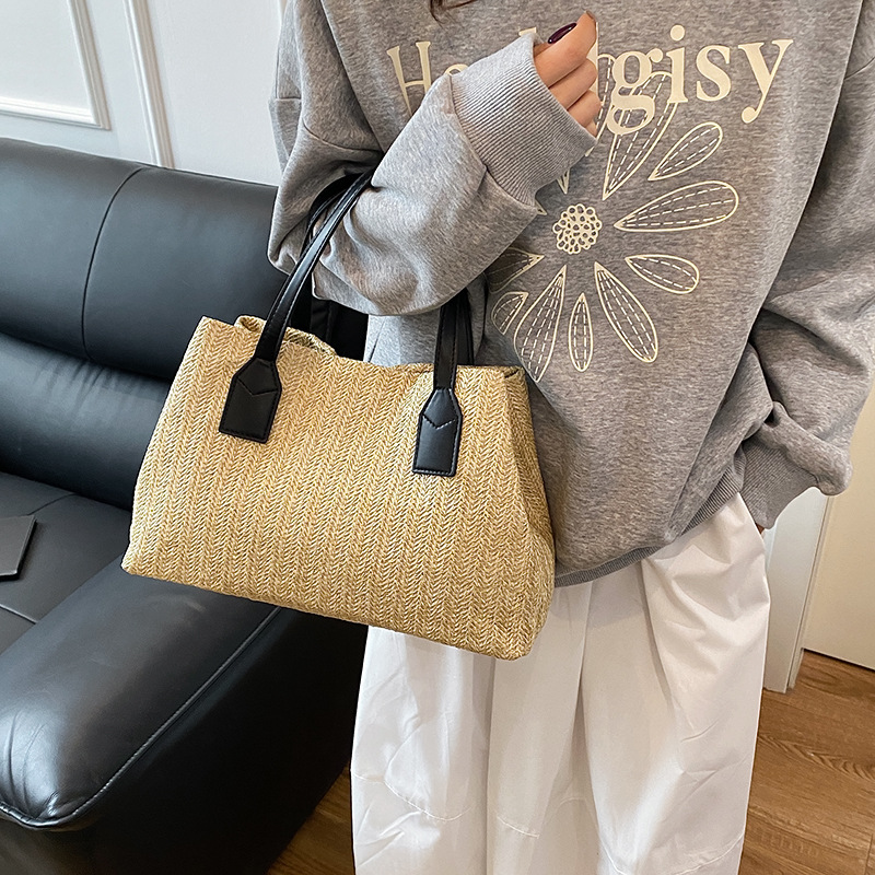Korean ins grass woven handbag summer new casual vacation women's vegetable basket single-shoulder bag contrasting color crossbody bag Specification drawing