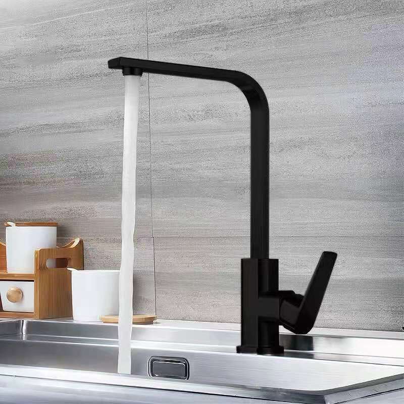 Black lacquered seven-character square household kitchen faucet, fine copper, hot and cold rotatable sink, sink faucet full figure