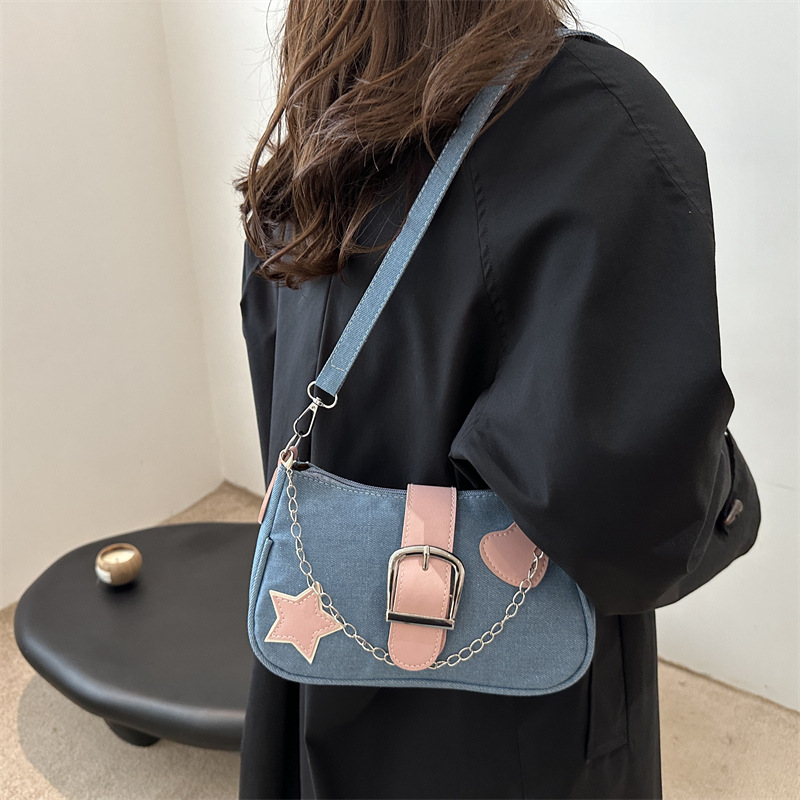 Korean retro denim bag for women's autumn 2024 new style single-shoulder crossbody bag, high-end and versatile ins underarm bag details Picture