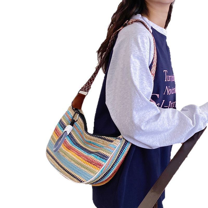 Fashionable rainbow straw woven bag for women, 2025 new style fashionable underarm single-shoulder bag, versatile large-capacity commuter crossbody bag Item Picture