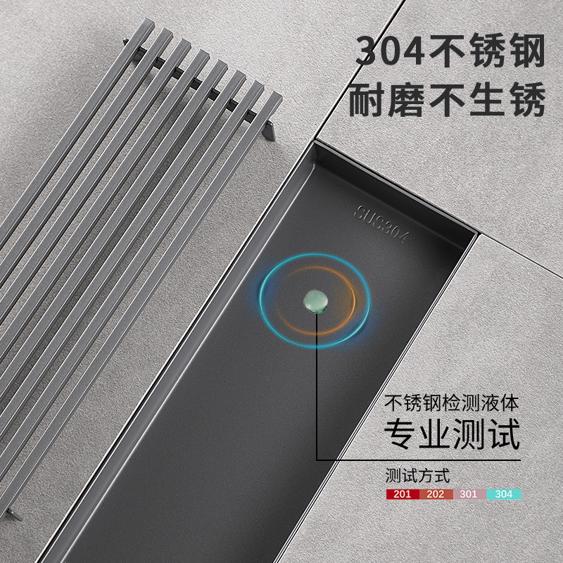 Shower room thickened gun gray 304 stainless steel long floor drain, bathroom anti-odor long strip side drainage large flow floor drain Specification drawing