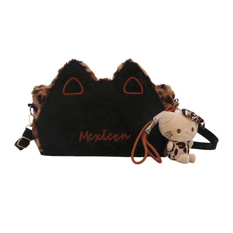 Retro leopard print plush bag 2024 new style, cute cat ear single-shoulder small square bag, trendy and fashionable women's furry crossbody bag Item Picture