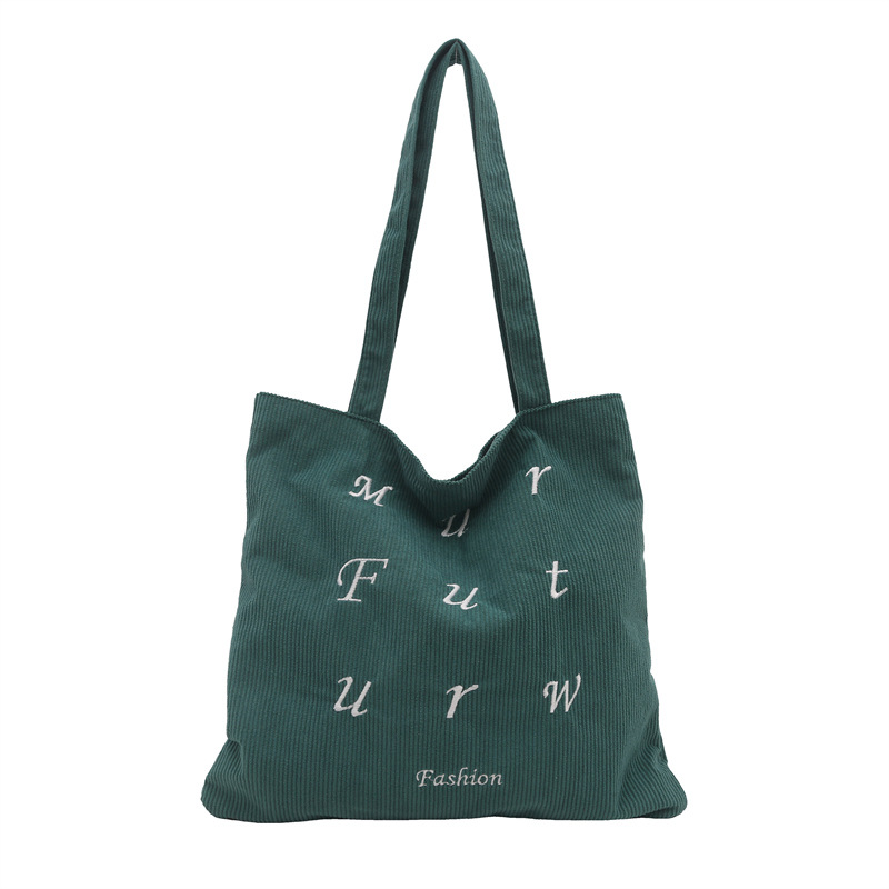 Letter-embroidered single-shoulder bag, women's artistic corduroy large-capacity tote bag, hand-held shopping bag, student class bag Item Picture