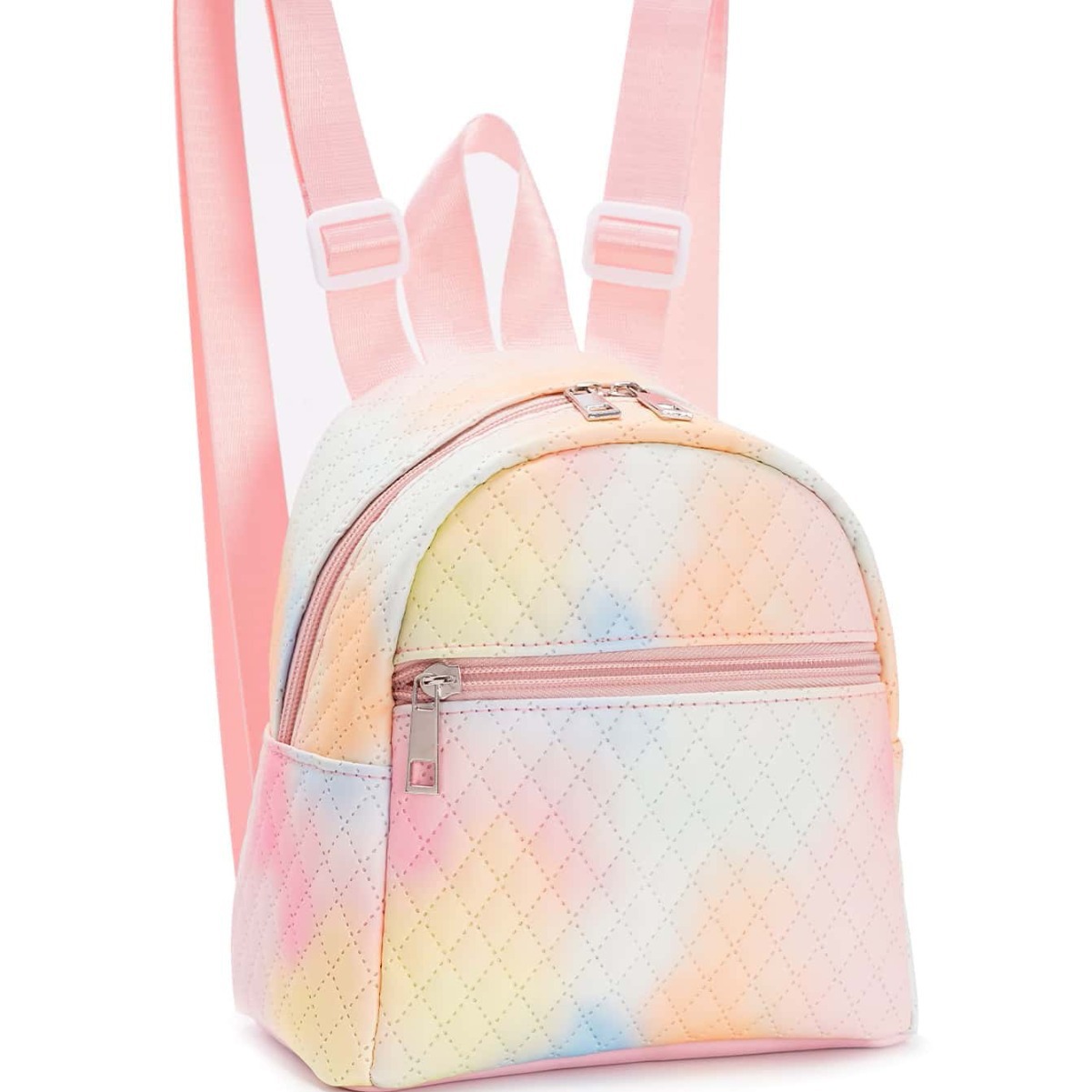 A popular female rainbow multi-color PU quilted mini backpack for cross-border trade, a casual, fashionable and high-end backpack details Picture