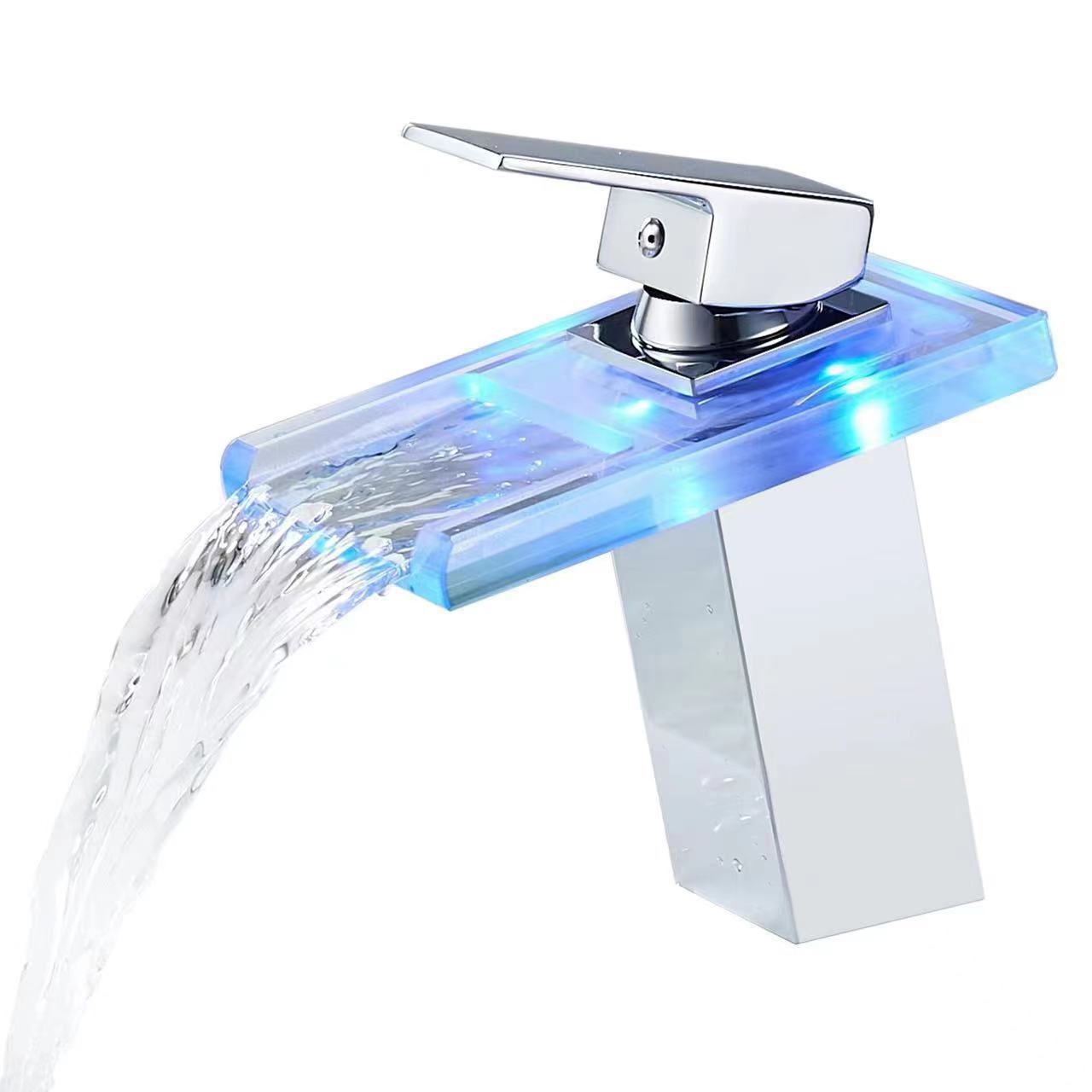 Ousha Pai Waterfall LED light faucet, stainless steel glass strip light faucet, waterfall LED light temperature-controlled washbasin faucet Item Picture