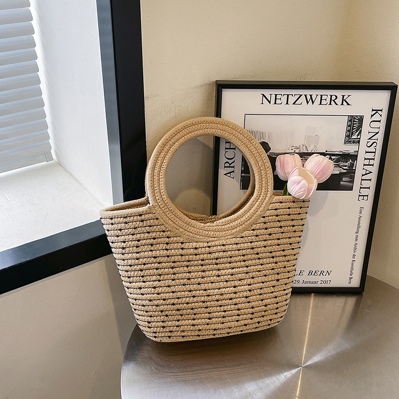Simple and large-capacity handbag, bestseller, versatile cotton rope woven tote bag, handcrafted rattan woven vegetable basket handbag for women details Picture