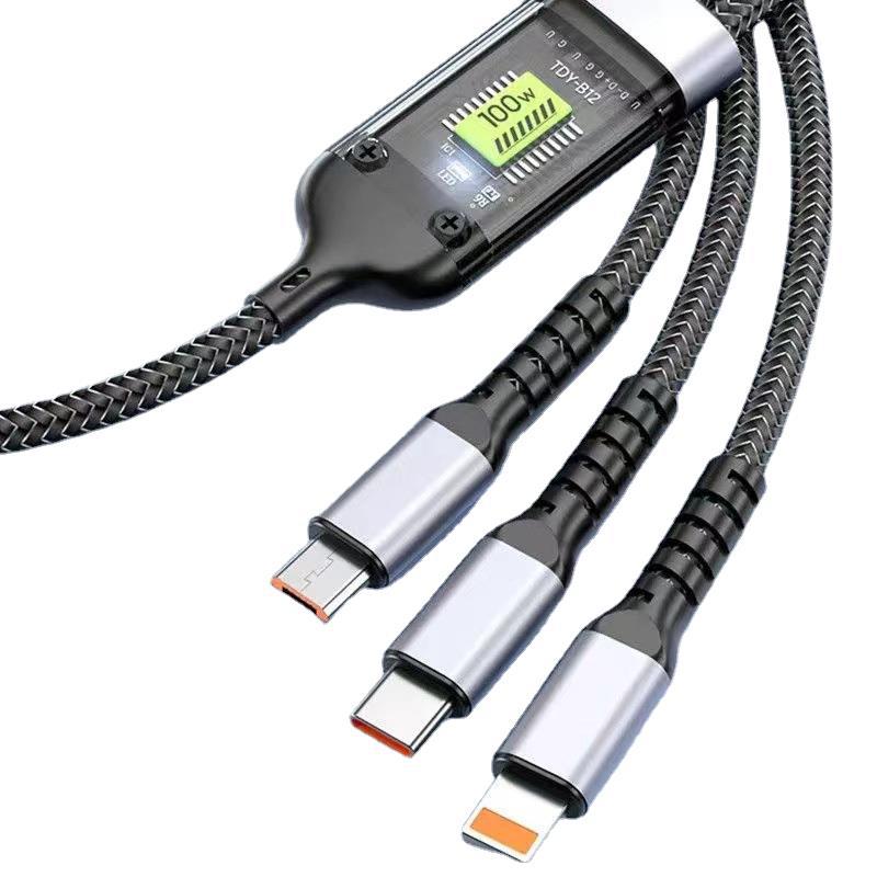 100W transparent lamp three-in-one data cable with 6A fast charging, suitable for Android, Huawei and Apple one-to-three charging cables Application Scenario