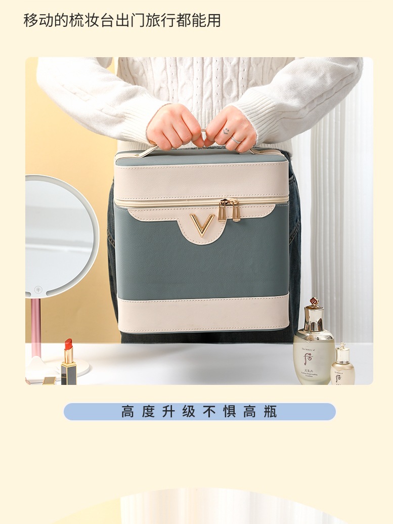 New PU large-capacity makeup bag, women's portable cosmetics and jewelry storage bag, multi-functional and simple hand-held makeup box Item Picture