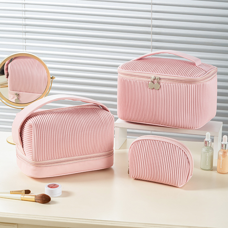 New PU cosmetic bag, cream toast bag, large-capacity portable storage bag, travel hand-held toiletry bag, three-piece set full figure