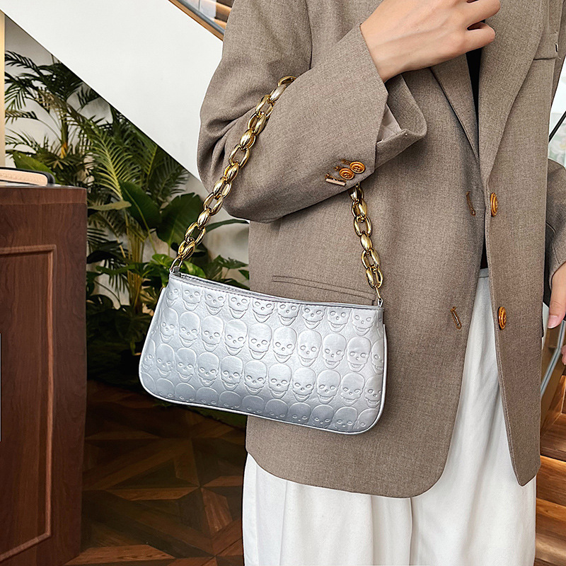 2024 New style personalized skull underarm bag, women's bag, embossed chain bag, Korean-style trendy single-shoulder crossbody bag details Picture
