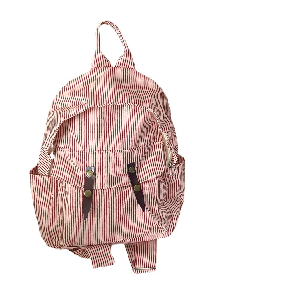 01042 Student casual backpack, simple color-blocking striped canvas bag, versatile large-capacity bag, travel backpack Item Picture