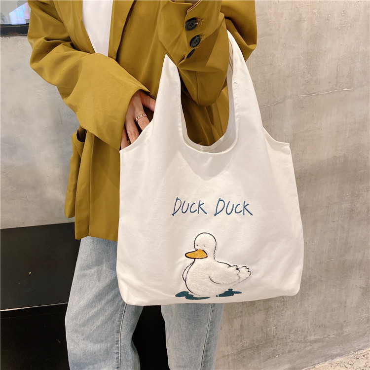 "911292 Cute Duck Japanese Cartoon Tote Bag Student Girls Large Capacity Canvas Bag Single-shoulder Bag Supply. full figure