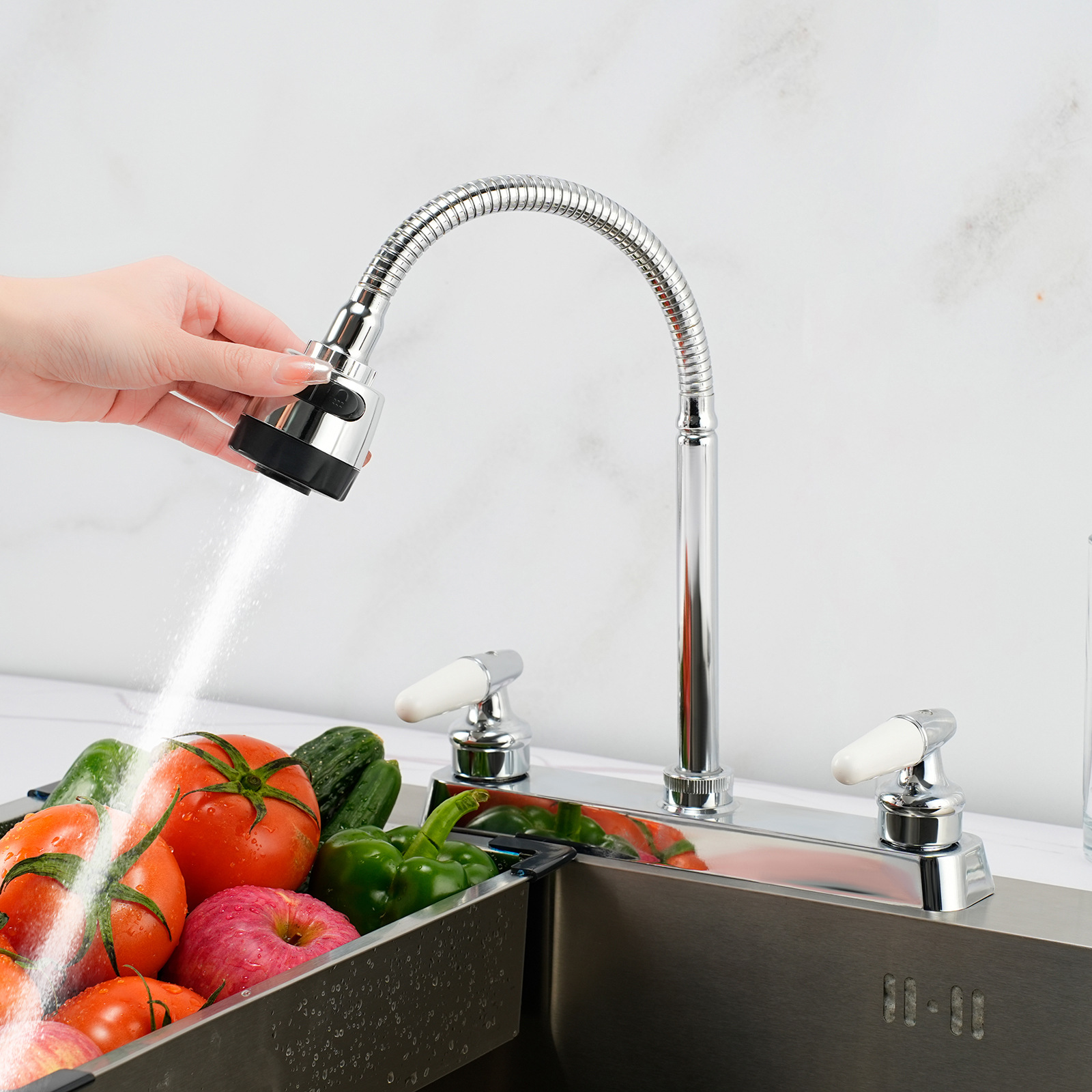 Cross-border RV kitchen dual-interface faucet, Amazon dual-handle kitchen 360-degree rotating faucet details Picture