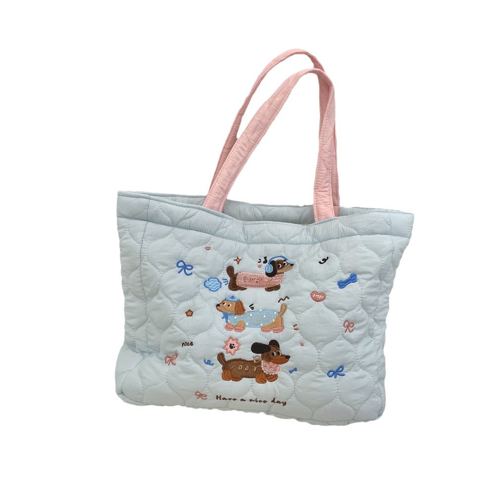 49243 Korean ins quilted cute puppy embroidered handbag, tote bag, women's shopping bag for shopping, bento bag Item Picture