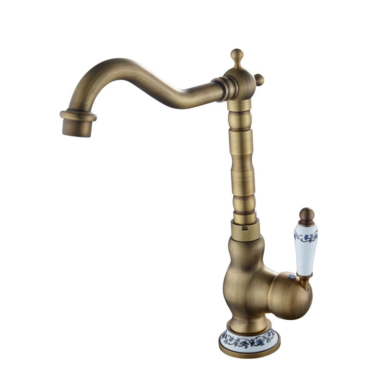 European-style copper antique washbasin faucet, blue and white porcelain handle countertop, kitchen sink, rotatable and water-mixing black antique dragon head Item Picture