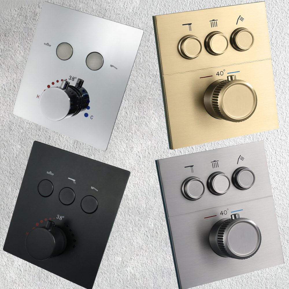 HIDEEP three-function showerhead mixing valve embedded in the wall, black thermostatic switch button control valve full figure