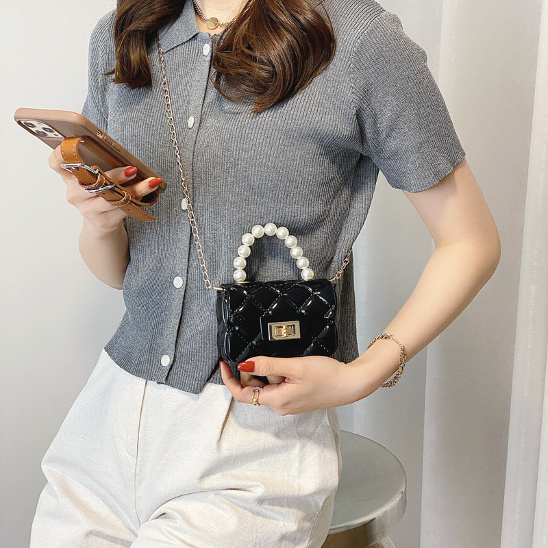 Mini bag, stylish and trendy 2021 new style, cute diamond-shaped candy-colored chain pearl hand-held crossbody jelly bag Specification drawing