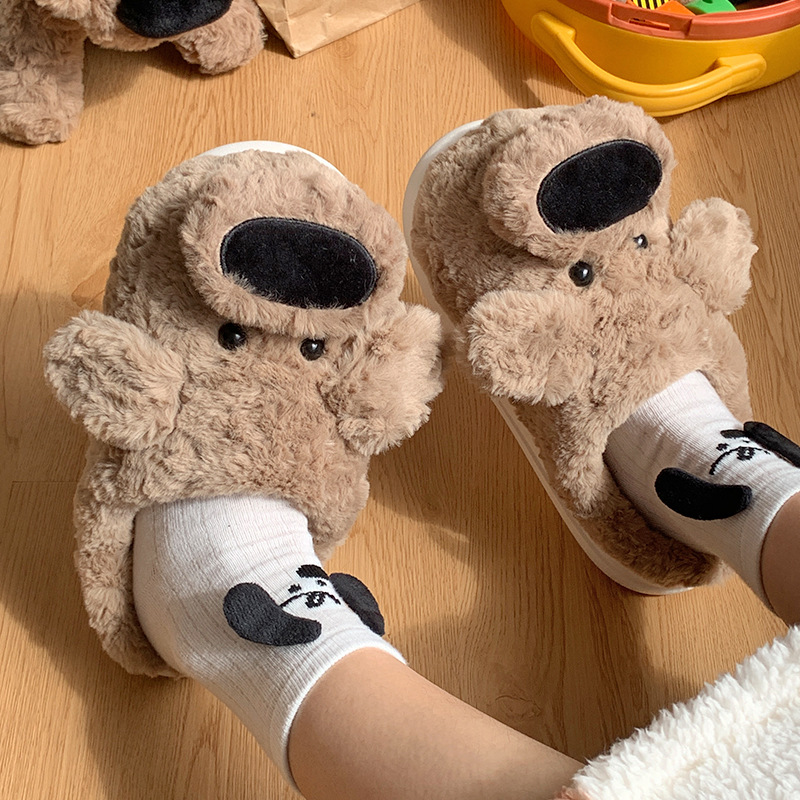 Cute big-nosed dog cotton slippers for couples to wear for winter warmth, anti-slip outer wear, and indoor warmth cotton shoes for home use Specification drawing