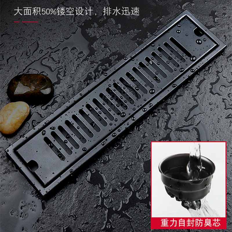 Cross-border temu Amazon 304 stainless steel long floor drain, black thickened rectangular large displacement anti-odor long floor drain Application Scenario