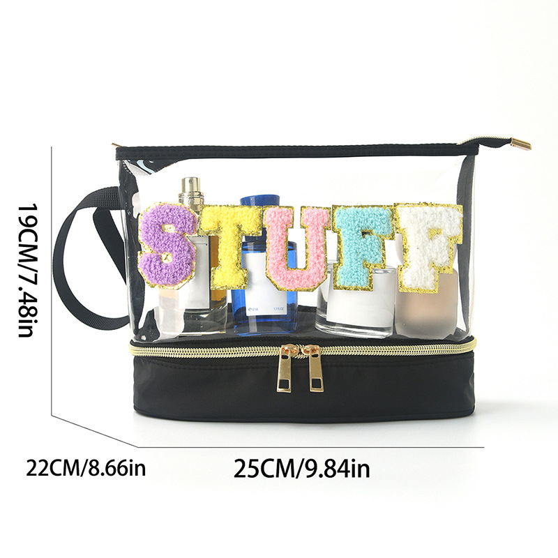 Amazon embroidery storage bag, PVC transparent double opening letter cosmetic bag, travel toiletries bag, large capacity cosmetic bag Application Scenario