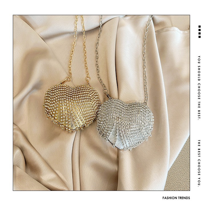 New European and American cross-border socialite Mini heart-shaped fashion diamond pearl mini coin purse dinner bag chain bag full figure