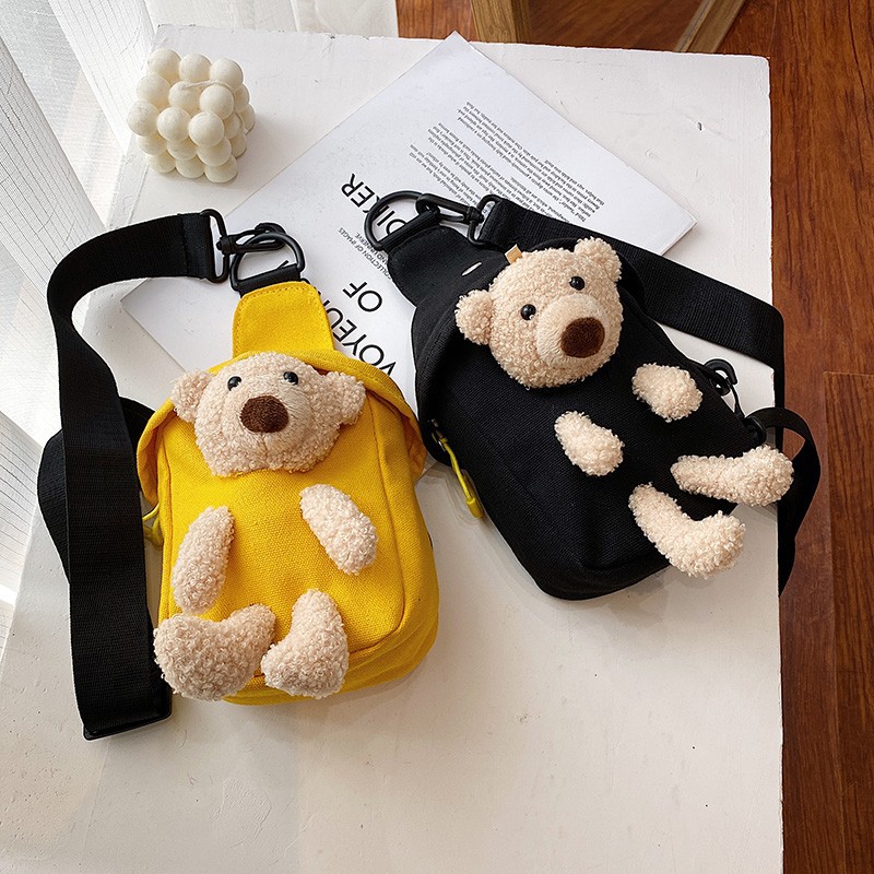 2024 New trendy and cute little bag, bear canvas waist bag, women's trendy single-shoulder cartoon ins crossbody bag full figure