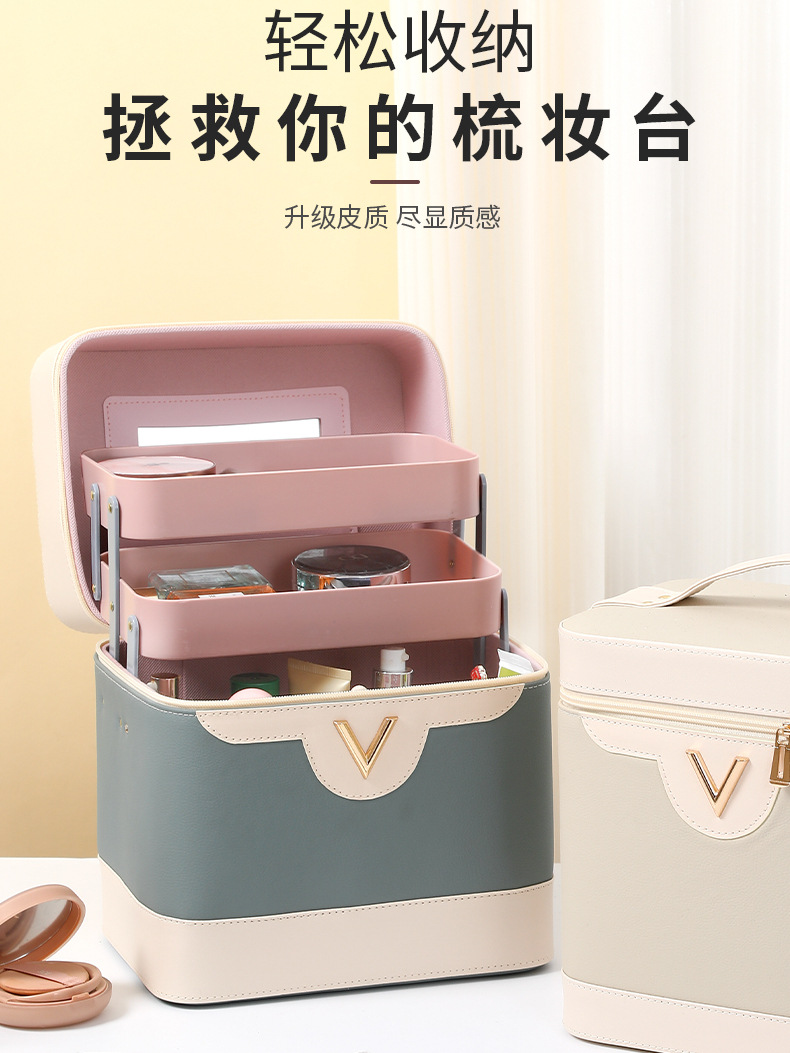 New PU large-capacity makeup bag, women's portable cosmetics and jewelry storage bag, multi-functional and simple hand-held makeup box Specification drawing