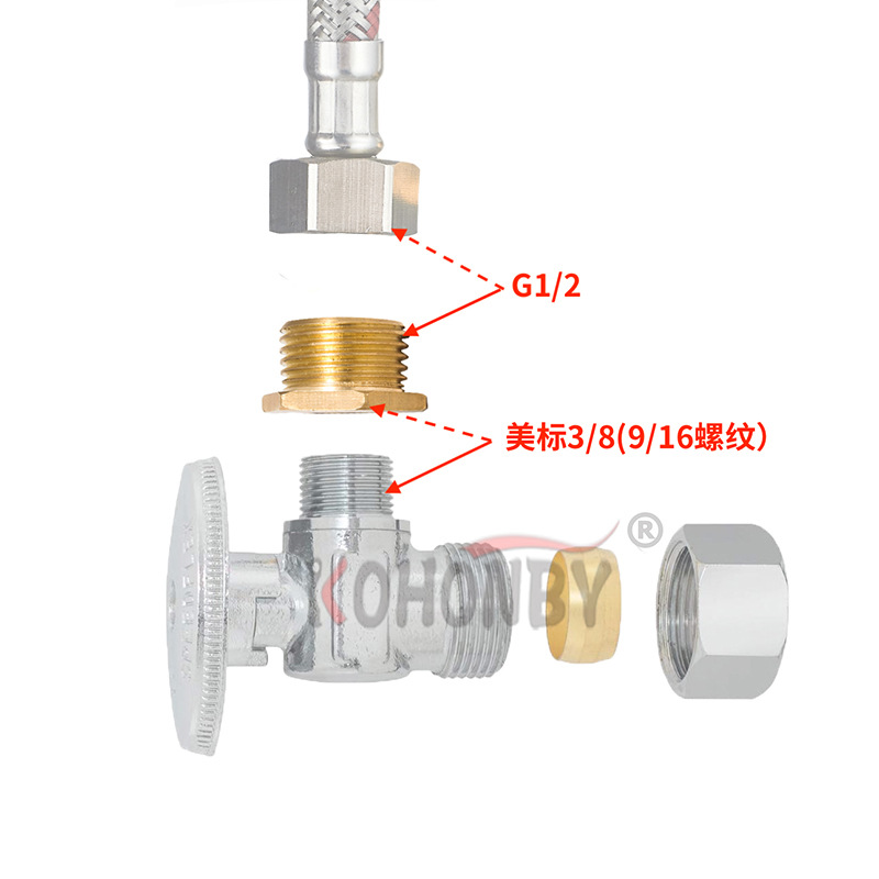 Faucet 3/8 water supply, American and European standard 9/16 thread to G1/2 thread water inlet braided hose copper adapter details Picture