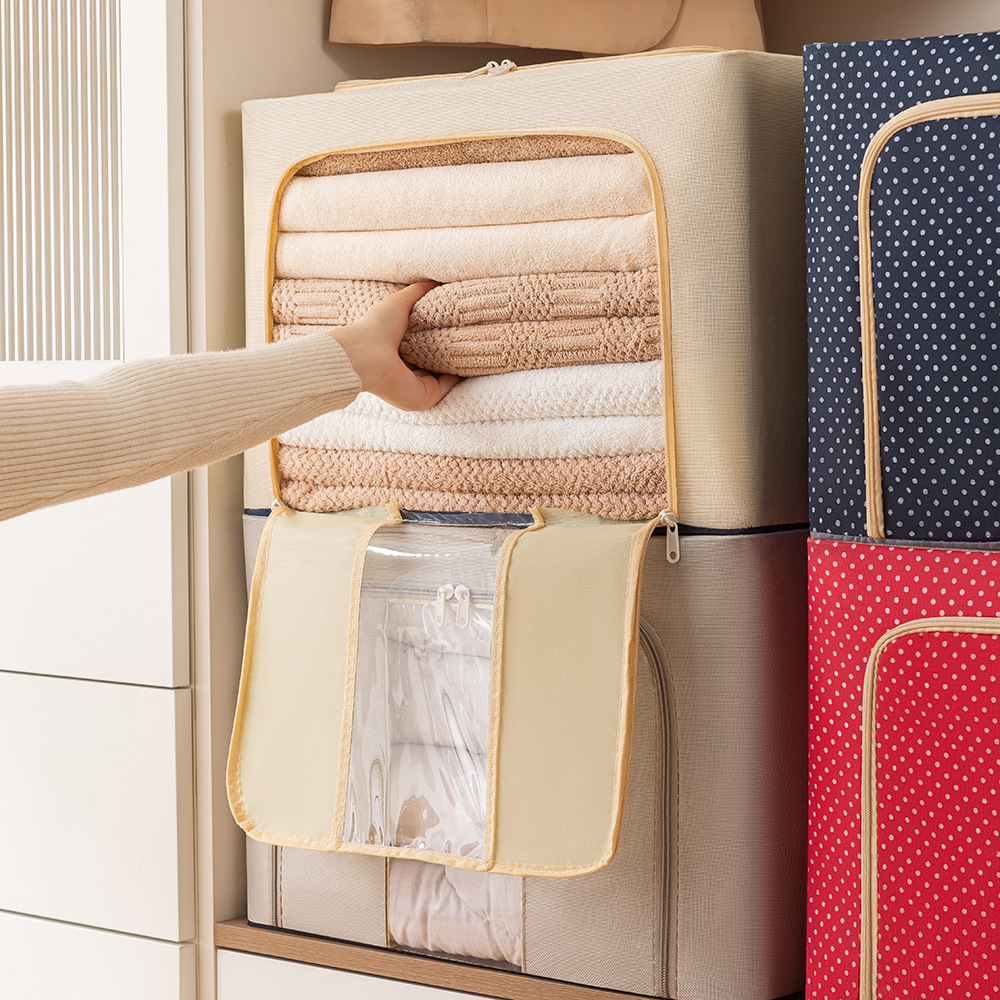Folding clothing storage box, household large-capacity organizing box, Oxford cloth steel frame storage basket, moving quilt storage box Application Scenario
