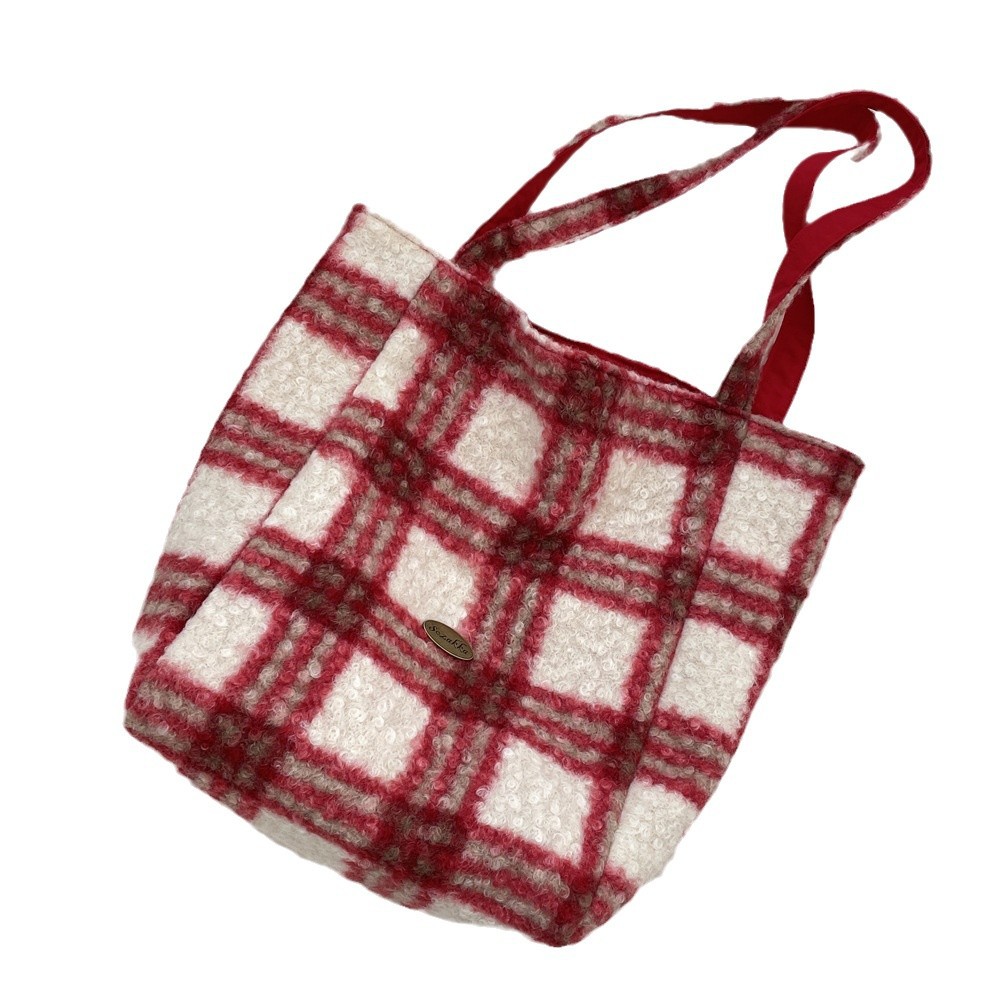 411203 Autumn/Winter New checkered vertical striped plush Korean ins style double-sided dual-purpose large capacity single-shoulder tote bag Item Picture