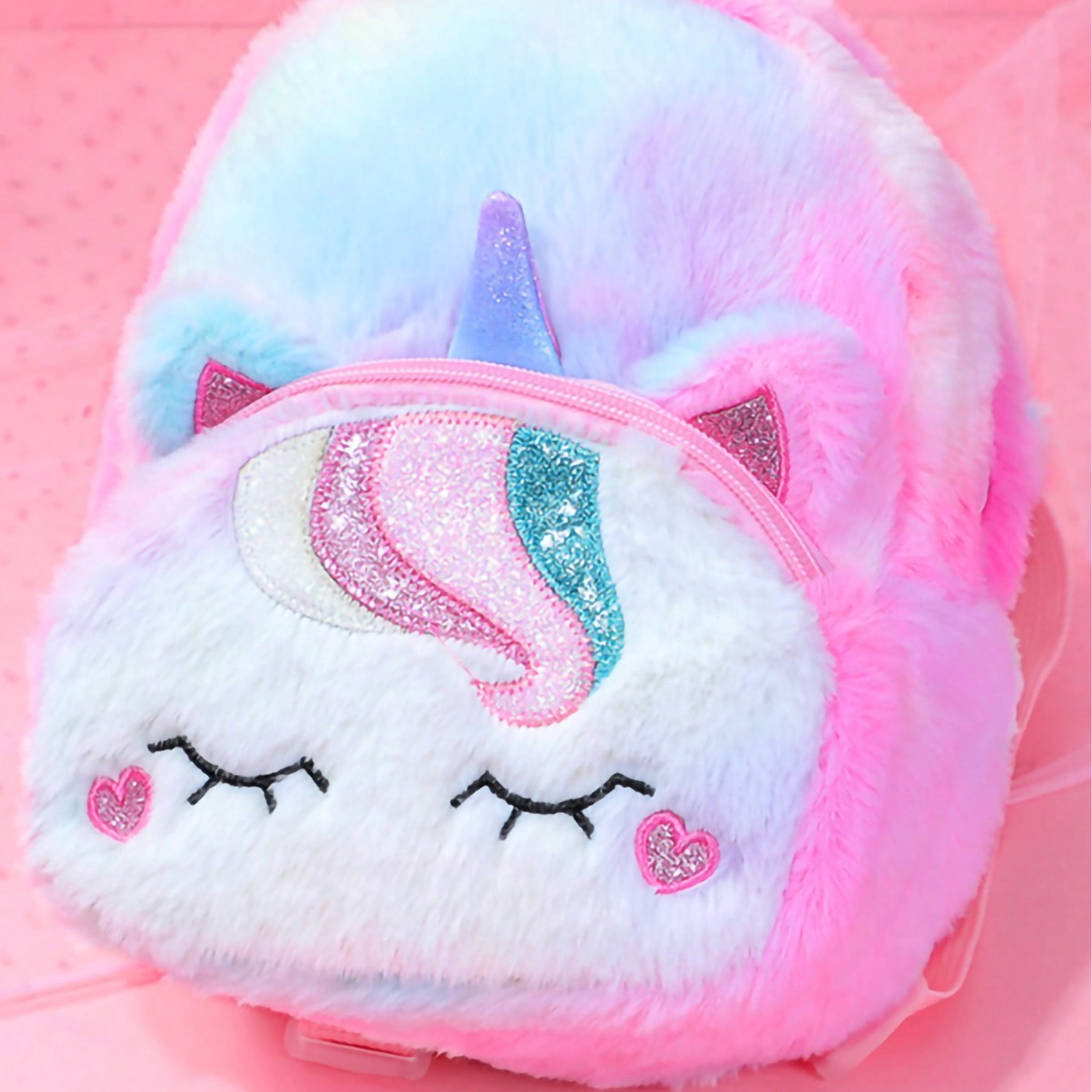 New cross-border plush unicorn cartoon children's backpack, shoulder bag, crossbody bag, cute girls' small backpack and school bag Specification drawing