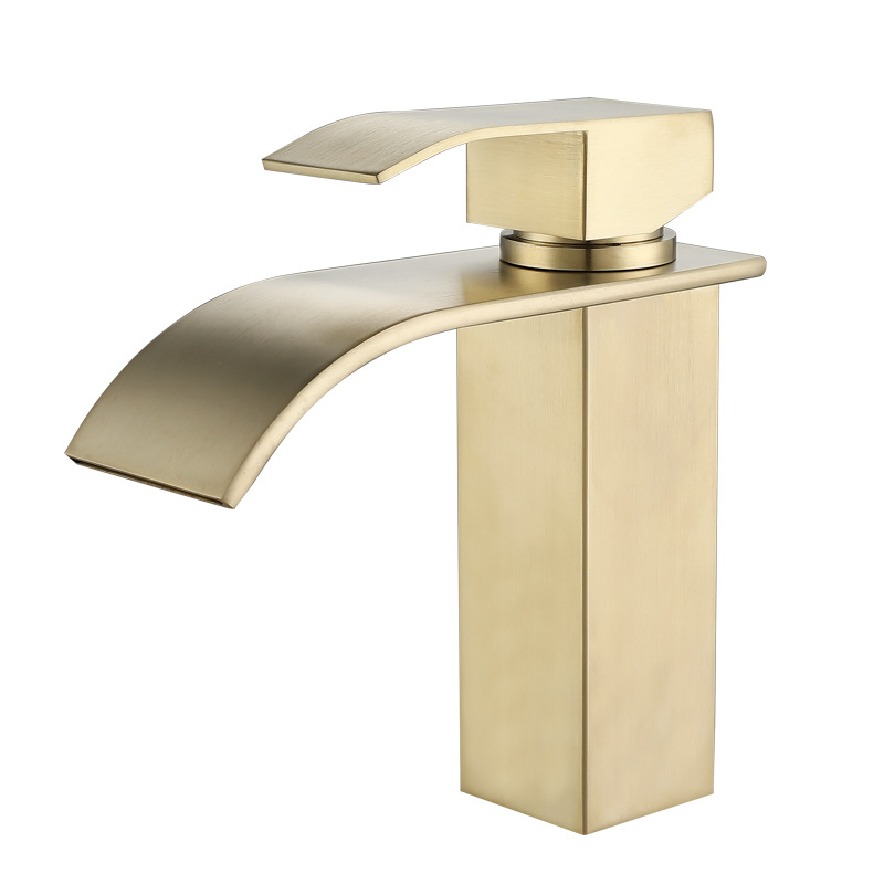 Cross-border 304 stainless steel golden waterfall washbasin faucet, cold and hot mixed water bathroom square basin faucet Item Picture