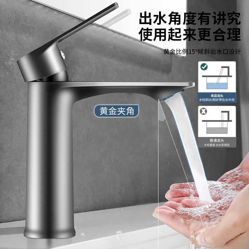 Black cold and hot water basin, faucet, washbasin, bathroom washbasin, countertop, single-hole household washbasin faucet details Picture