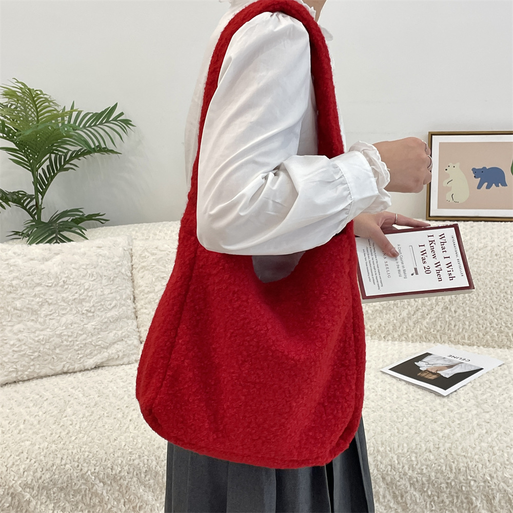 411161 Autumn and Winter new ins style single-shoulder bag, solid color circle fleece tote bag, wine red commuter bag for female students Specification drawing