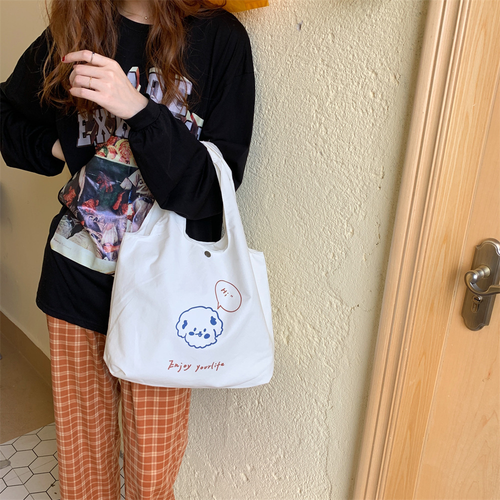 07241 Lazy cartoon printed vest bag, simple large-capacity canvas bag, student class bag, shopping bag for shopping details Picture