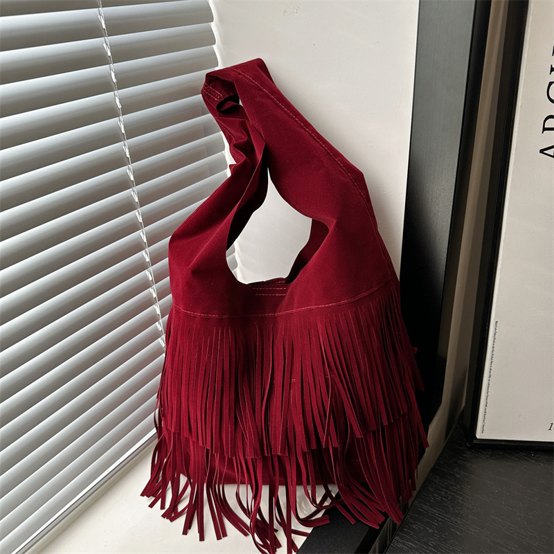 Maillard Spring Fringed Bag for Women, 2025 New vintage deerskin velvet tote bag, large capacity underarm bag full figure