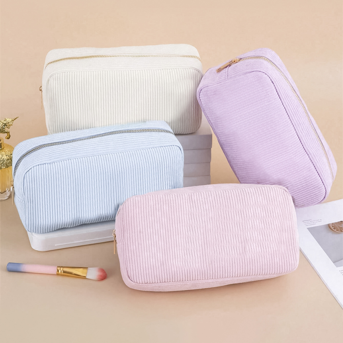 Feihong Cross-border vertical striped storage bag, corduroy high appearance Level makeup bag, Portable toiletry bag, Large Capacity makeup bag full figure