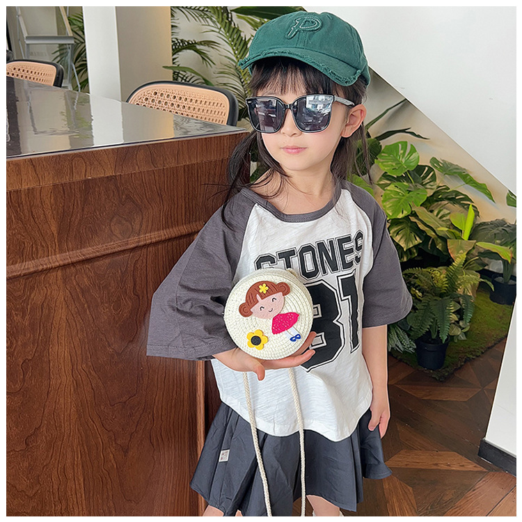 New children's small bags, cartoon dolls, cute straw bags, woven bags, summer seaside outing, crossbody straw woven small round bags Specification drawing
