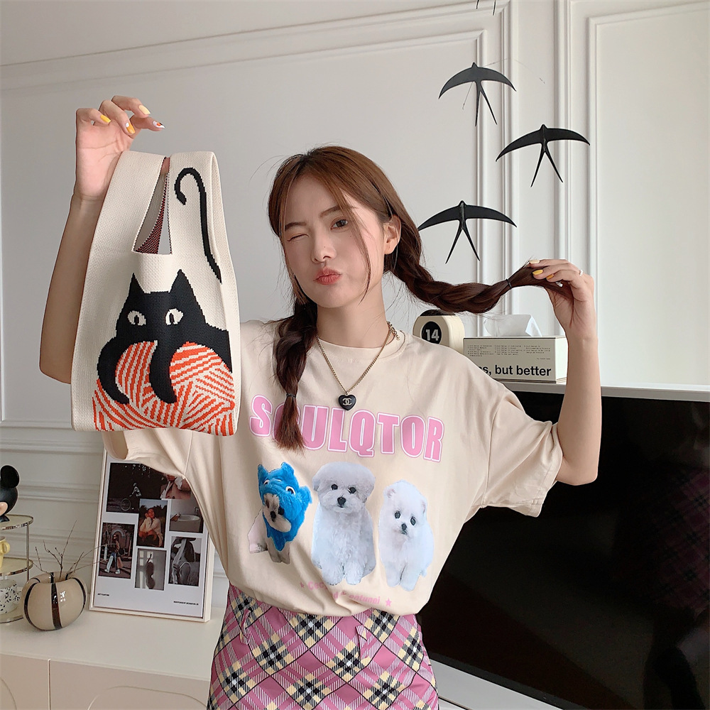 3711 New knitted floral wool bag, hand-held bag, handbag, little cat wrist bag, striped storage bag Specification drawing