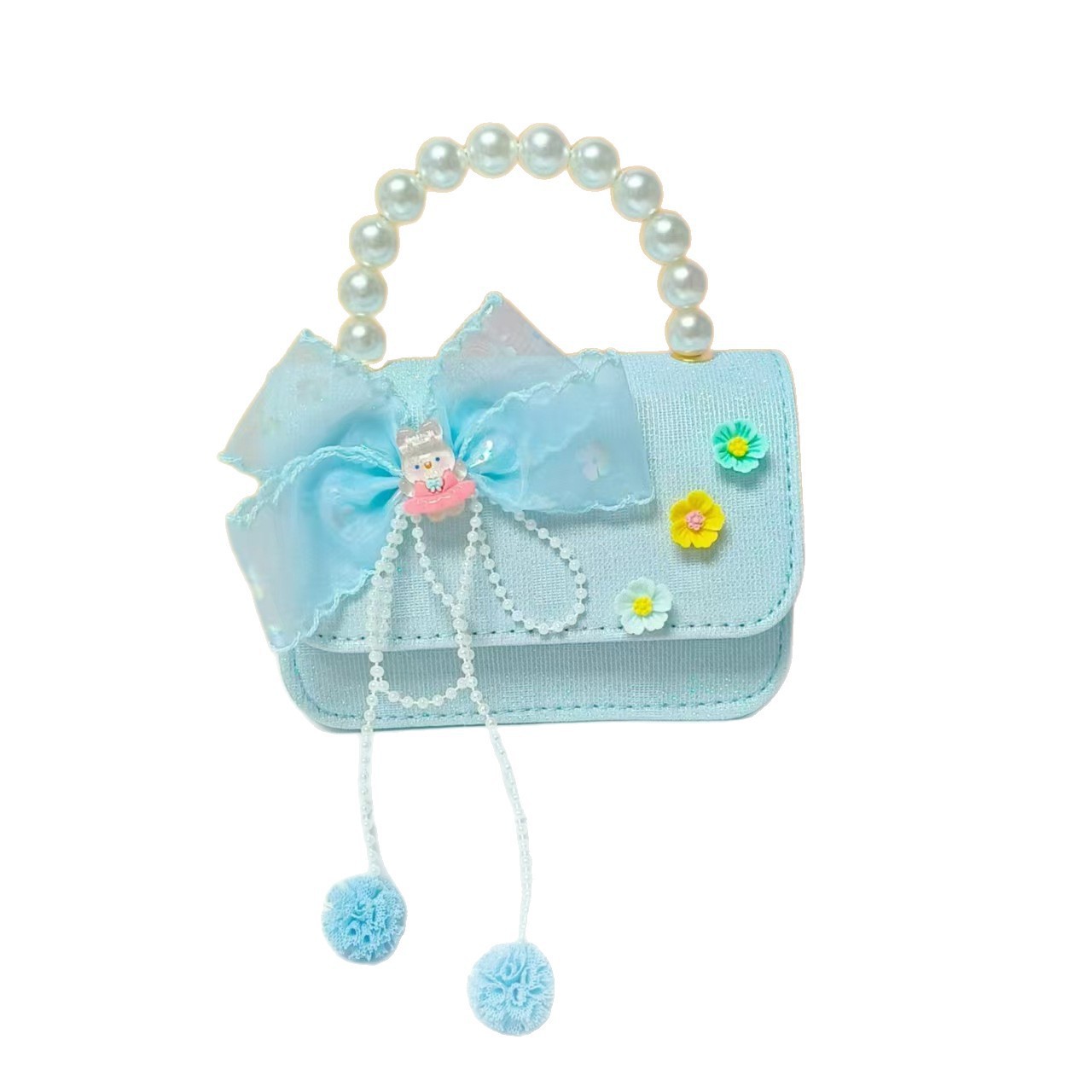 Bow pearl handbag, princess single-shoulder crossbody coin accessory bag, girl chanel-style children's chain square bag Item Picture