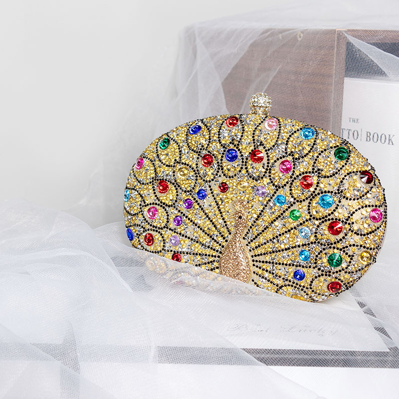 New peacock diamond-encrusted evening bag, cross-border European and American retro style pair bag, black high-end evening dress bag Specification drawing