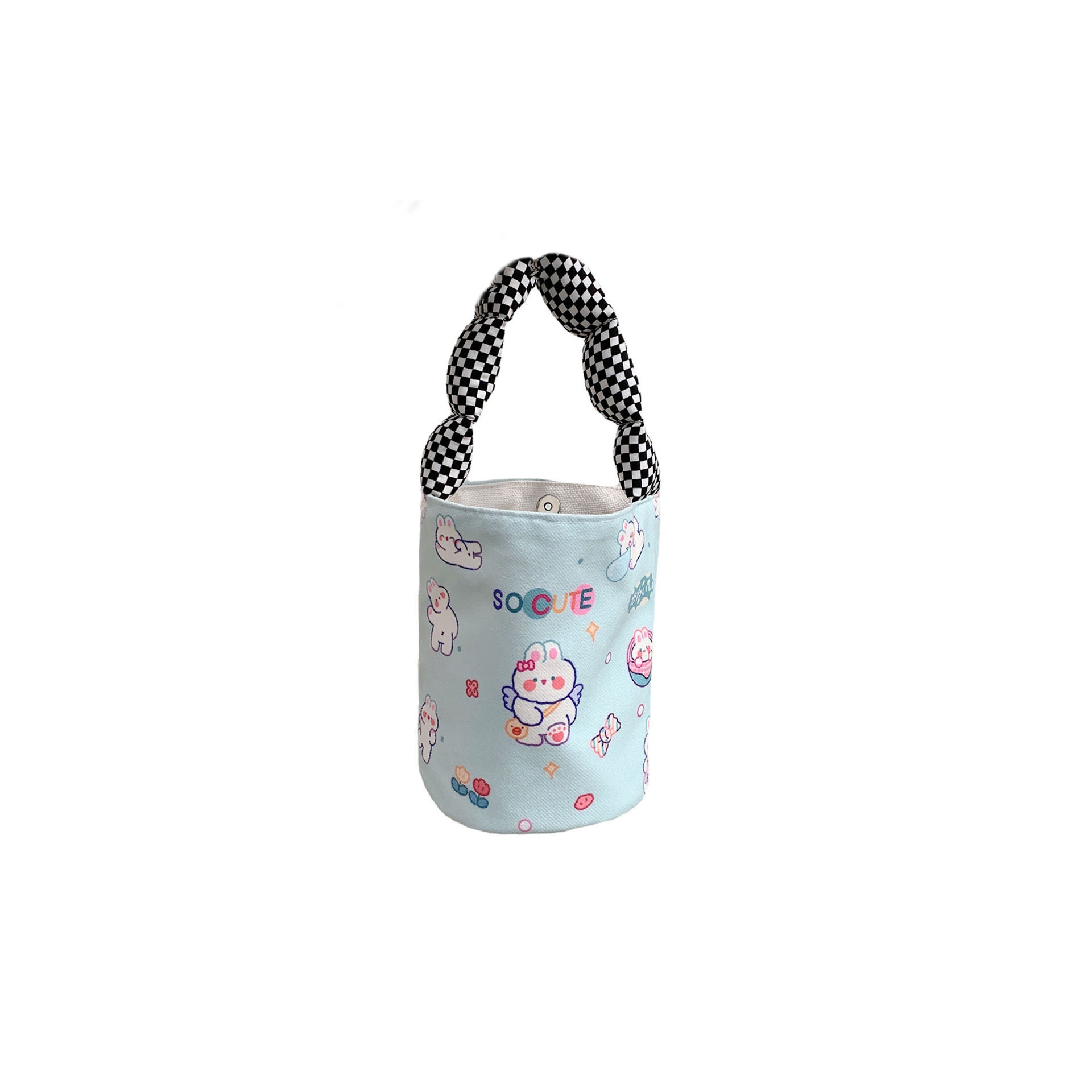 21151 Korean-style ins cotton shoulder strap bucket bag for girls, cute printed student hand-carry bag, portable Item Picture