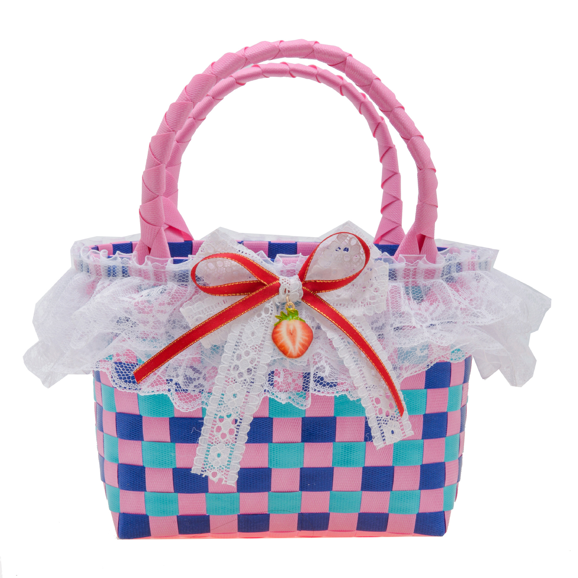 PVC girl's heart woven colorful checkered color-blocking bow lace fringed girl's candy-colored hand-held basket bag Item Picture