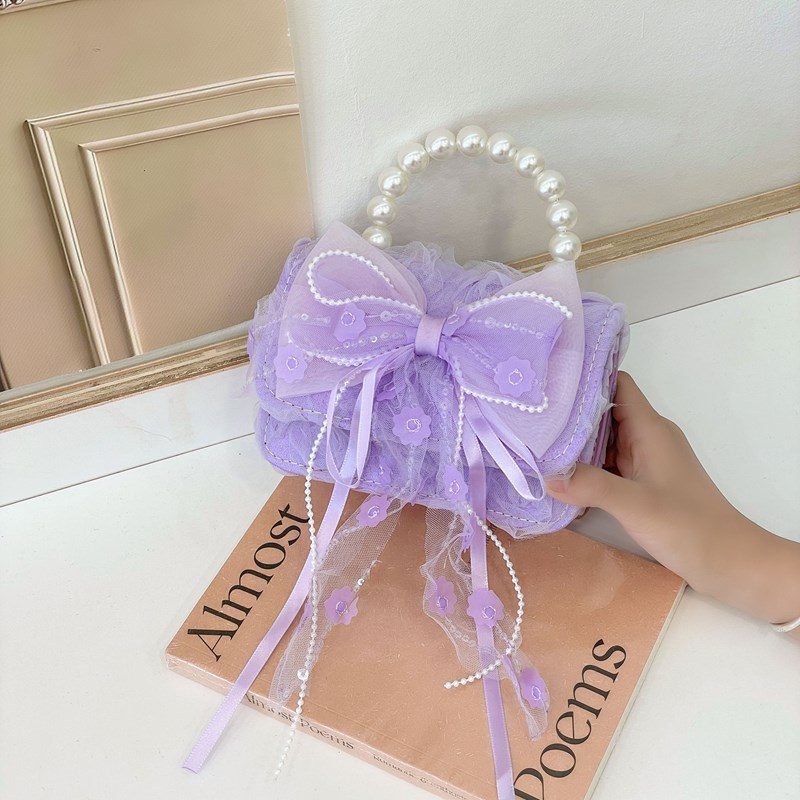 New children's bag, fashionable pearl handbag, cartoon cute bow shoulder bag, chain crossbody small bag full figure