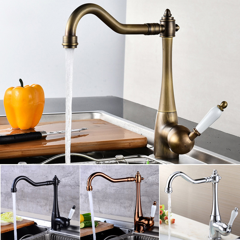 European-style brass rotating kitchen sink, sink and washbasin for export, ceramic handle, golden cold and hot water antique faucet full figure