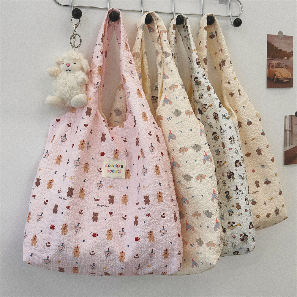 4613 Summer Cartoon embossed canvas Bag, Women's large-capacity vest bag, shopping bag for shopping, student schoolbag details Picture